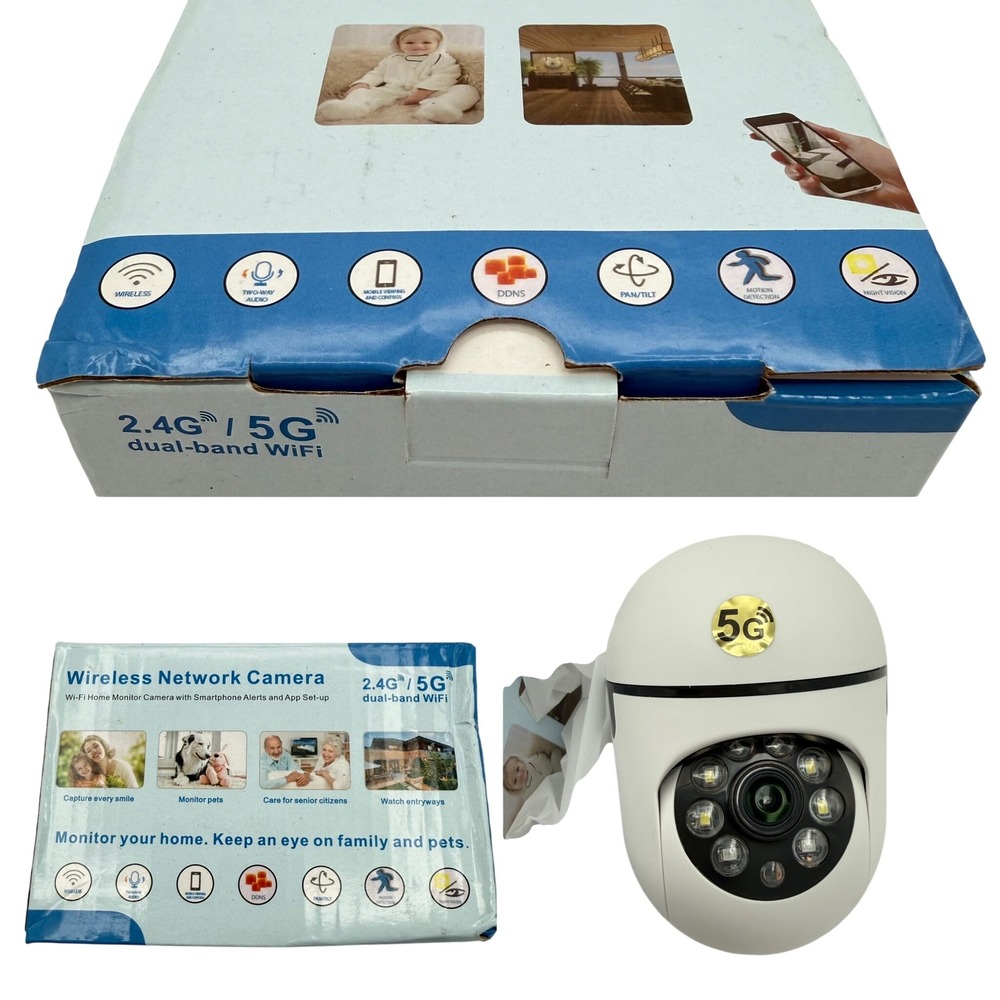 Wireless Network Camera Dual-Band 5G WiFi Pan Tilt Night Vision White NEW NIB